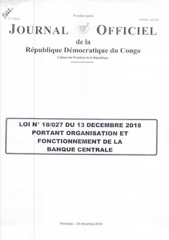 Loi portant organisation et fonctionnement de la Banque Centrale du Congo